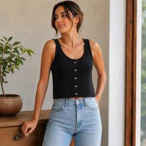 Top Corto de Punto Acanalado Blanco para Mujer, Manga Corta, Cierre de Botones al Frente, Estilo Casual de Verano, Cuello Redondo - Product Image 5