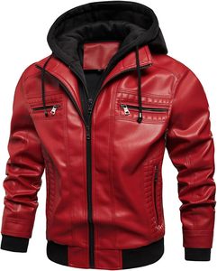 <b>Men's</b> Vintage Solid Denim PU Leather Waterproof Hooded <b>Jacket</b> <b>Half</b> <b>Zip</b> Closure V-neck Slim Fit Regular Length Winter Style - Product Image 4