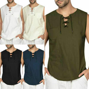 Camisetas sin mangas de lino y algodón de alta calidad para hombre, estilo casual, color liso, con cordones, chaleco sin mangas, nueva moda, color liso. - Product Image 3