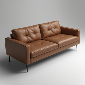 Canapé en cuir marron de style moderne du milieu du siècle, 3 places, en cuir de vache véritable, lignes épurées, structure en bois, pour le salon - Product Image 1