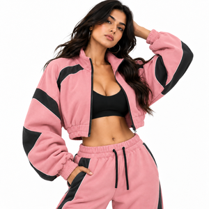 Sweat-shirt en molleton court pour femme, rose et noir, à blocs de couleur, avec fermeture éclair intégrale, col montant, style streetwear, logo personnalisé - Product Image 4