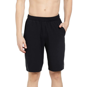 Men's Black Solid Polyester Bermuda Shorts <b>Elastic</b> Waist Pockets Casual Breathable Knitted Mid Rise Short Pants - Product Image 1