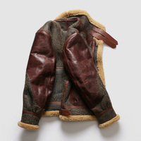 Blouson aviateur en peau de mouton fabriqué en usine pour homme, avec poches en cuir et doublure en laine, idéal pour l'hiver.