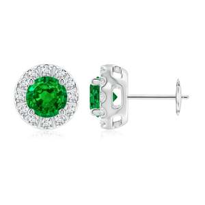 Round Cut Green Emerald Diamond Halo <b>Stud</b> <b>Earrings</b> in 14kt White Gold Elegant May Birthstone <b>Fine</b> Jewelry for Women - Product Image 1