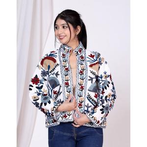 Handmade <b>White</b> Cotton Suzani Embroidered <b>Jacket</b> for Women Bohemian Floral Ethnic Festival Coat - Product Image 3