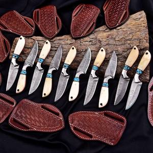 Lote de 5 cuchillos nórdicos Skinner de acero de Damasco con hoja fija, mango de hueso, espiga completa, para camping y caza, con funda de cuero OEM - Product Image 5