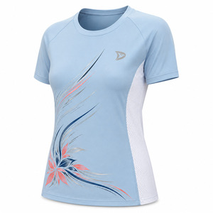 Women's Light Blue Floral Print Quick Dry Sporty T-Shirt Slim Fit Crew Neck Short Sleeve Polyester Spring Summer Workout <b>Top</b> - Product Image 2