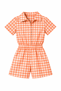 Conjunto de ropa de dos piezas a cuadros para niñas, camisa de manga corta y pantalones cortos, cintura elástica, ropa de verano - Product Image 1