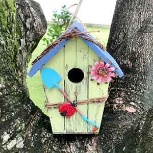 Handcrafted <b>Wooden</b> Birdhouse with Blue Roof and Colorful Floral Decorations Hanging Garden Bird <b>House</b> Outdoor Backyard Decor - Product Image 4