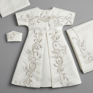 Luxury Hand Embroidered Elegant Solid Linen <b>Wedding</b> Gown Set for Women Short Sleeve Ceremony Outfit <b>Shawl</b> Bonnet - Product Image 1