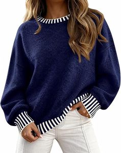Pulls Oversize Femme 2026 – Hauts d'Automne à Manches Longues et Col Rond, Pulls en Maille Épaisse Contrastante, Vêtements d'Hiver - Product Image 1