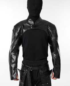 Men's <b>Black</b> PU Leather Moto Jacket Mandarin Collar Windproof Slim Fit Regular Length Solid Color Belt Closure - Product Image 1