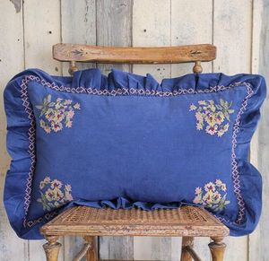 Blue Hand Embroidered Floral Cushion Cover with Ruffle Trim Cotton Custom Logo OEM - Product Image 3