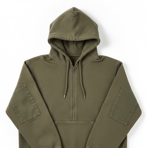 Sudadera con Capucha y Media Cremallera para Hombre, Color Verde Oliva, Corte Regular, Felpa Francesa, Informal, con Bolsillo Delantero, para Invierno - Product Image 1