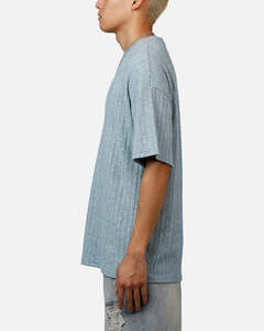 Men Oversized Knitted Cotton T-Shirt Solid Color O-<b>Neck</b> Short Sleeve Breathable Regular Fit <b>Light</b> Blue Textured Ribbed T-Shirt - Product Image 3