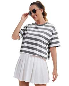 Camiseta Corta a Rayas para Mujer, Corte Holgado, Manga Corta, Informal, Verano, Algodón Suave, Estilo Urbano - Product Image 2