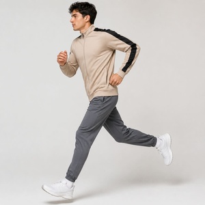 Veste de survêtement beige à capuche pour homme, rayures noires, manches longues, cordon de serrage, poches latérales, coupe classique, décontractée, couleur unie, automne - Product Image 2