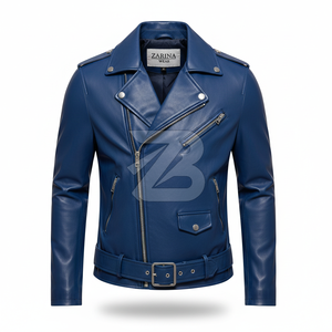 Chaqueta de Motero Zarina Wear para Hombre, de Cuero Genuino y Lona, para Invierno, Color Azul Rey, Cierre Asimétrico, Cinturón en la Solapa, OEM - Product Image 1