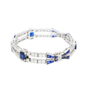 Bracelet chaîne géométrique plaqué rhodium pour femme avec saphir et diamants taille émeraude sertis en canal, style classique - Product Image 3
