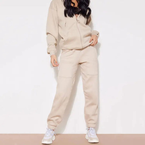 Ensemble de survêtement beige à capuche pour femme, 2 pièces, sweat-shirt à manches longues, pantalon de jogging, couleur unie, 100% coton, respirant, streetwear, hiver - Product Image 1