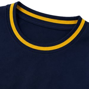 ชุดเซ็ตเสื้อยืดโอเวอร์ไซส์สีกรมท่าและมัสตาร์ดสำหรับผู้หญิง พร้อมกางเกงขายาวทรงกว้าง ชุดลำลองสองชิ้นแบบสั่งทำพิเศษ พร้อมแถบสีตัดกัน - Product Image 5