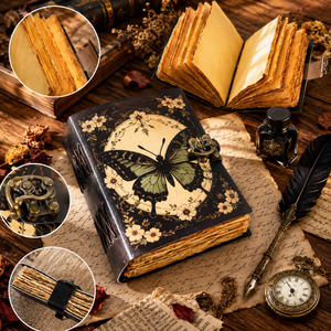 Butterfly Moon Handmade <b>Leather</b> <b>Diary</b> | Hardcover Journal with Antique Lock & Deckle Edge Pages | Celestial Gothic Notebook Gift - Product Image 6