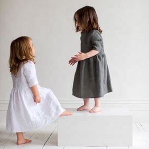 Robe de Collection en lin noir, vêtements pour filles, avec col rond, manches quarts, fabriqué avec tissu en lin doux, nouvelle Collection - Product Image 2