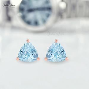<b>Top</b> Selling Trillion Cut Aquamarine Gemstone Studs Designed in 14K Real Rose Gold Push Back Stud <b>Earrings</b> Available in Wholesale - Product Image 1