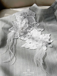 Women's Pinstripe Sleeveless Blouse Floral Lace Applique <b>Feather</b> Embellished Mandarin Collar Office <b>Top</b> Grey TRACY - Product Image 6