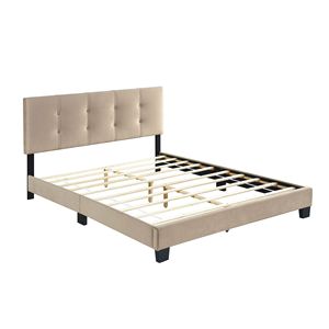 Letto matrimoniale con piattaforma, imbottito in velluto marrone chiaro, testiera regolabile in altezza, capitonné, in legno massello per camera da letto - Product Image 5