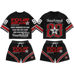 Ensemble de sport streetwear personnalisé noir et rouge avec t-shirt graphique et short, tenue oversize hip-hop deux pièces, vente en gros OEM - Product Image 5
