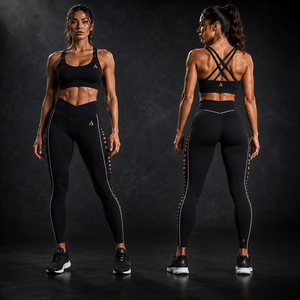 Ensemble de yoga pour femmes noires : Soutien-gorge de sport dos croisé et leggings de gym taille haute évidés – Tenue de fitness - Product Image 1