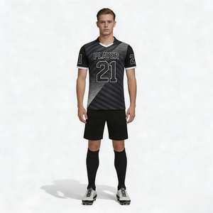 Ensemble de maillot de football personnalisé, noir rayé, col en V, manches courtes, évacuation de l'humidité, uniforme unisexe pour adultes avec short, chaussettes et chaussures - Product Image 2