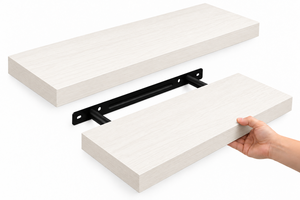 Lot de 2 étagères murales flottantes en bois blanc veiné avec support de fixation en acier noir - Product Image 1