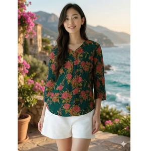 เสื้อผู้หญิงลายดอกไม้ผ้าฝ้ายคุณภาพเยี่ยม น้ำหนักเบา ระบายอากาศได้ดี แขนสั้น เหมาะสำหรับฤดูร้อน มีจำหน่ายในราคาพิเศษ - Product Image 1