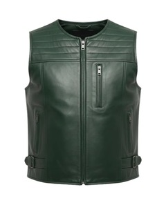 Gilet de motard en cuir véritable vert foncé pour homme, sans manches, col en V, bouton unique, imperméable, vêtement d'extérieur d'hiver avec poches utilitaires - Product Image 6