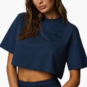 Women's <b>Navy</b> Blue Cropped T-Shirt Regular Fit Crew Neck Short Sleeve Solid Color Casual Jersey Cotton <b>Top</b> Spring Summer Wear - Product Image 5