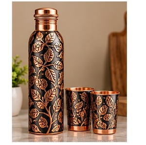 Handcrafted Copper <b>Water</b> <b>Bottle</b> And Cups Set With Floral Design Portable <b>Metal</b> Drinkware For Home Use - Product Image 6
