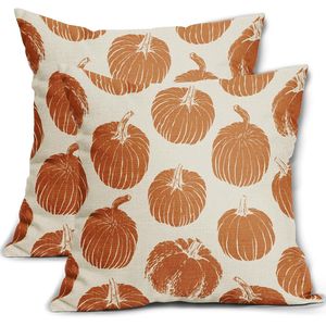 Autumn Harvest Print Burnt Orange Pumpkin Fall <b>Pillow</b> Covers 18x18 Set 2 Thanksgiving Decorative Outdoor Farmhouse <b>Throw</b> <b>Pillows</b> - Product Image 1