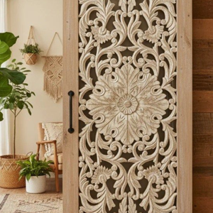 Puerta Corredera de Madera Maciza Blanca Lavada, Tallada con Motivos Florales, Hecha a Mano, de Lujo, para Entrada Interior Artística - Product Image 2