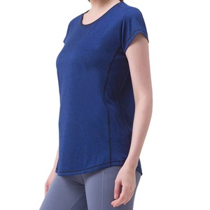 T-shirt pour femme, bleu, col rond, manches courtes, coupe ajustée, séchage rapide, tricoté en polyester, décontracté, printemps-été - Product Image 5