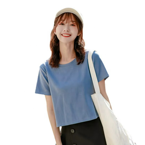 Camiseta de Verano con Logotipo Personalizado, Estilo Coreano, Corta, Informal, de Moda, de Color Sólido, de Manga Corta y Cuello Redondo para Mujer - Product Image 2