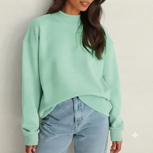 Sudadera Oversize de Cuello Alto para Mujer, Color Verde Menta Sólido, Tejido de Algodón, Manga Larga, Ropa Casual de Otoño - Product Image 1