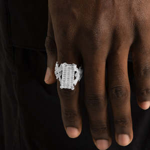 925 Sterling <b>Silver</b> Iced Out Baguette Cluster <b>Ring</b> | Luxury Hip Hop <b>Statement</b> <b>Ring</b> | White Gold Finish - Product Image 1