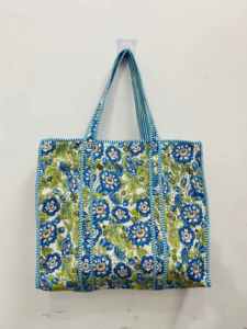 Women Handmade Quilted Cotton Tote <b>Bag</b> Blue Flower Design <b>Large</b> <b>Shoulder</b> <b>Bag</b> For Daily Outdoor Use - Product Image 3