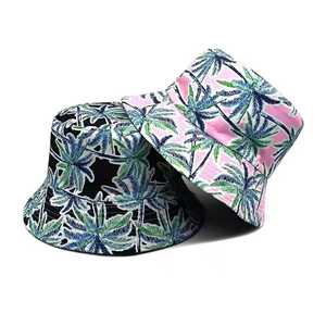 Unisex Tropical Palm Print Bucket <b>Hat</b> Pink <b>Black</b> Polyester Cotton Summer Beach Casual Adult 56-58CM - Product Image 1