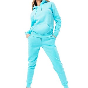 Women Turquoise Hooded <b>Tracksuit</b> Full Sleeve Solid Color Casual Loose Fit Elastic Waist Side Pockets Autumn Wear - Product Image 1
