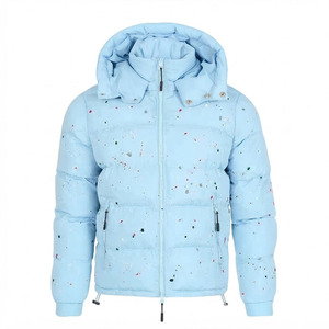 Custom Men's Premium <b>Light</b> Blue Hooded <b>Puffer</b> <b>Jacket</b> Paint Splatter Print Warm Quilted Winter Coat Thick Insulated Outdoor Parka - Product Image 1