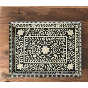Plateau de service rectangulaire en bois avec incrustations de fleurs beige, fait à la main, plateau décoratif pour la maison de luxe, la cuisine et la décoration de table - Product Image 3