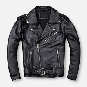 Veste moto en cuir véritable pour homme, col rabattu, fermeture éclair, ceinture, coupe ajustée, automne-hiver, noir uni - Product Image 1